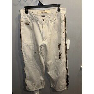 Rare 90s Y2K Paco Jeans Full Zip Spell Out off white Denim Wide Leg Jeans 32x30